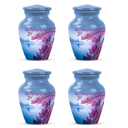 Calming Blue Cherry Blossom Cremation Urn side profile showing urn shape - elegant classic cherry blossom relief with fine detailing - 10 inch aluminum urn for cremated remains