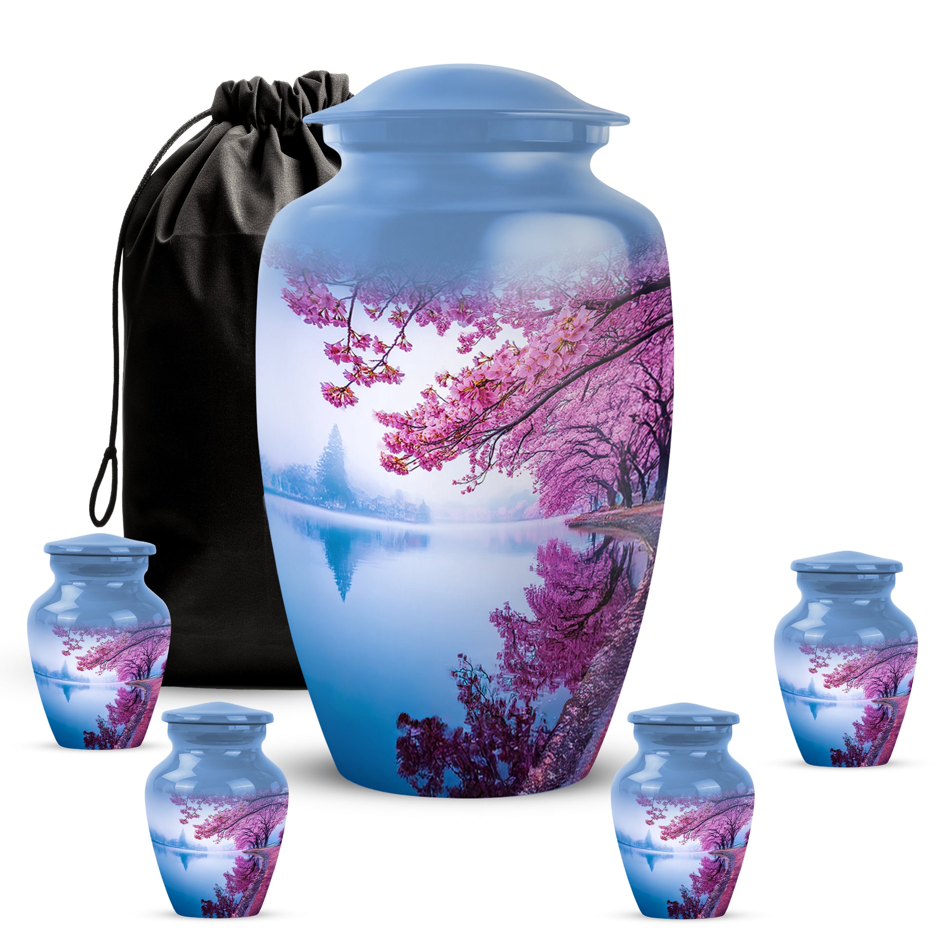 Sky Blue Cherry Blossom Cremation Urn top-down view of secure threaded lid - classic sculpted cherry blossom pattern on smooth aluminum - memorial set with one large and four small urns