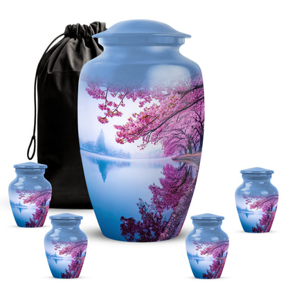 Sky Blue Cherry Blossom Cremation Urn top-down view of secure threaded lid - classic sculpted cherry blossom pattern on smooth aluminum - memorial set with one large and four small urns