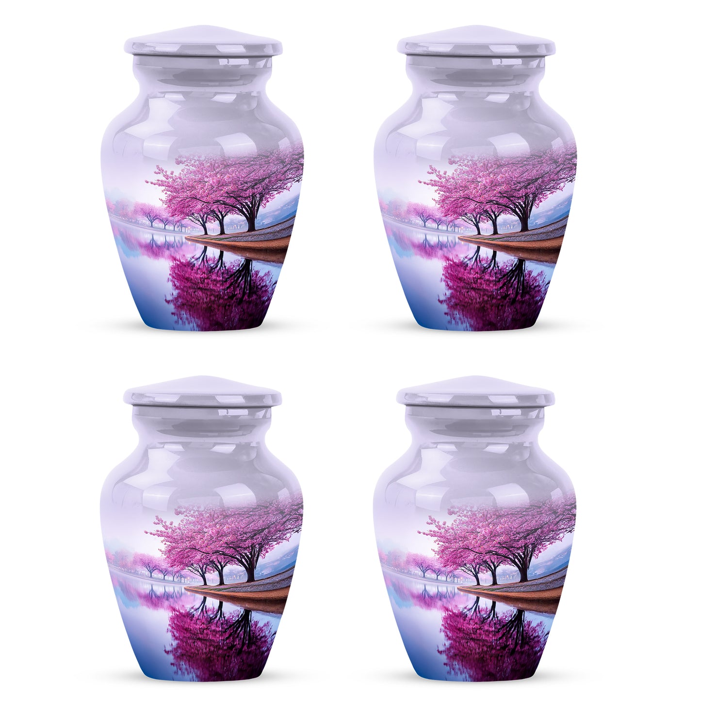 Frost White Cherry Blossom Cremation Urn side profile showing urn shape - timeless cherry blossom motif etched into premium metal - 10 inch aluminum urn for cremated remains