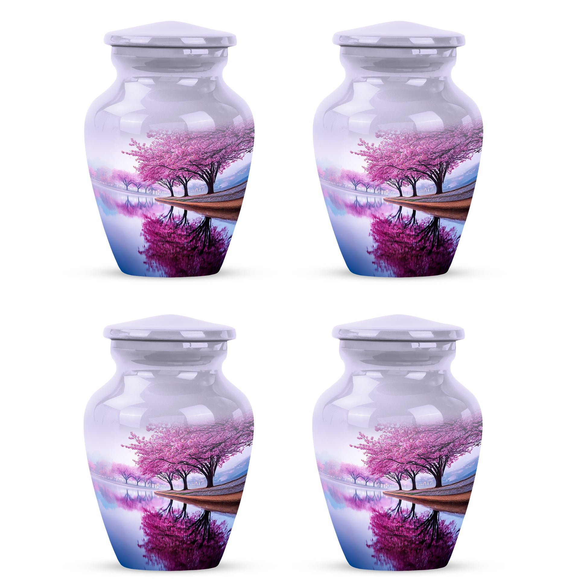 Frost White Cherry Blossom Cremation Urn side profile showing urn shape - timeless cherry blossom motif etched into premium metal - 10 inch aluminum urn for cremated remains