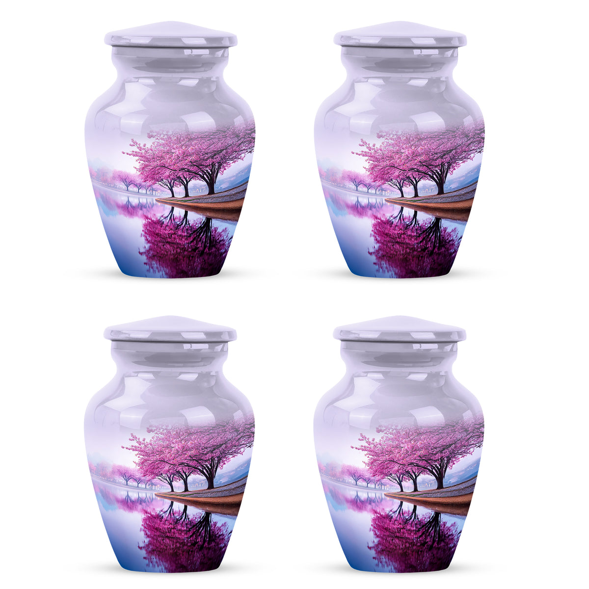Frost White Cherry Blossom Cremation Urn side profile showing urn shape - timeless cherry blossom motif etched into premium metal - 10 inch aluminum urn for cremated remains