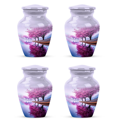Frost White Cherry Blossom Cremation Urn side profile showing urn shape - timeless cherry blossom motif etched into premium metal - 10 inch aluminum urn for cremated remains
