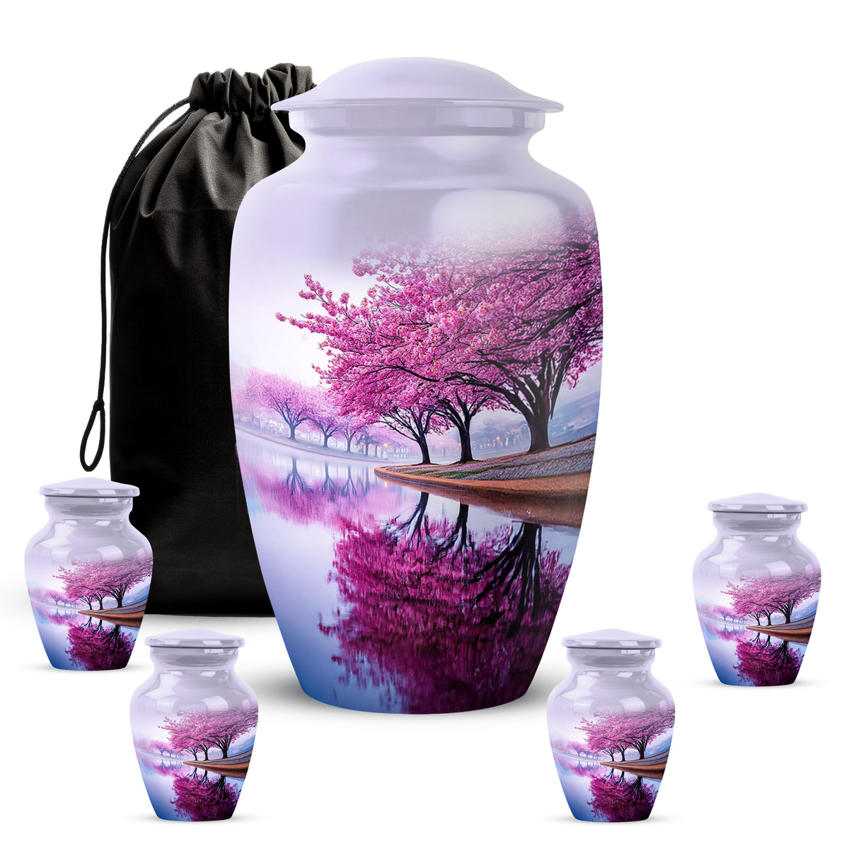 Pure White Cherry Blossom Cremation Urn top-down view of secure threaded lid - timeless cherry blossom motif etched into premium metal - memorial set with one large and four small urns