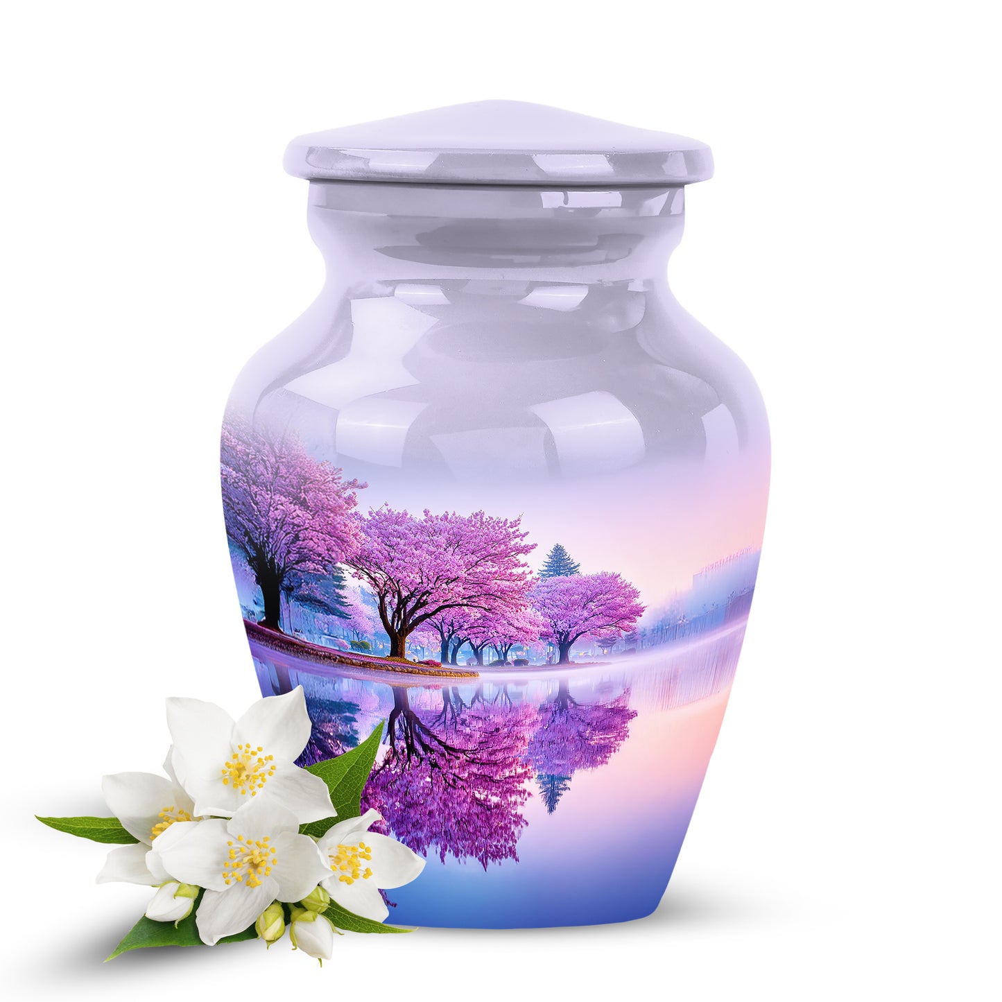 Lustrous Cherry Blossom Cremation Urns for Human Ashes - White 10-inch - Yatskia
