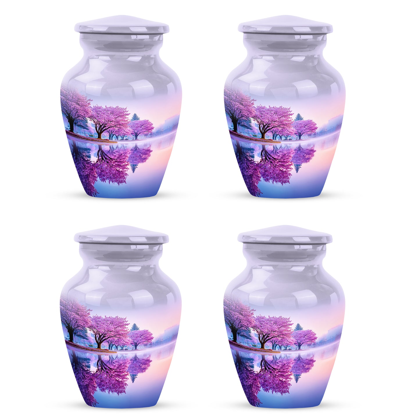Ivory White Cherry Blossom Cremation Urn side profile showing urn shape - classic sculpted cherry blossom pattern on smooth aluminum - 10 inch aluminum urn for cremated remains