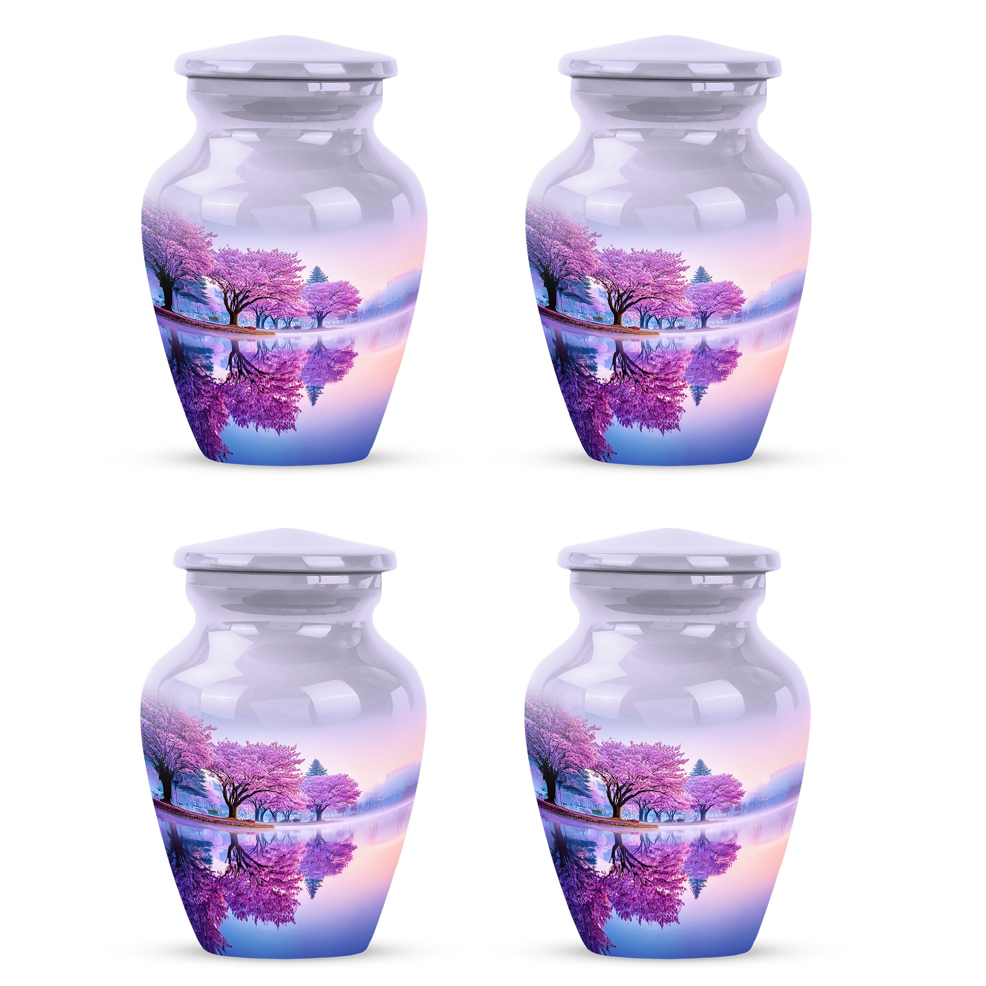 Ivory White Cherry Blossom Cremation Urn side profile showing urn shape - classic sculpted cherry blossom pattern on smooth aluminum - 10 inch aluminum urn for cremated remains