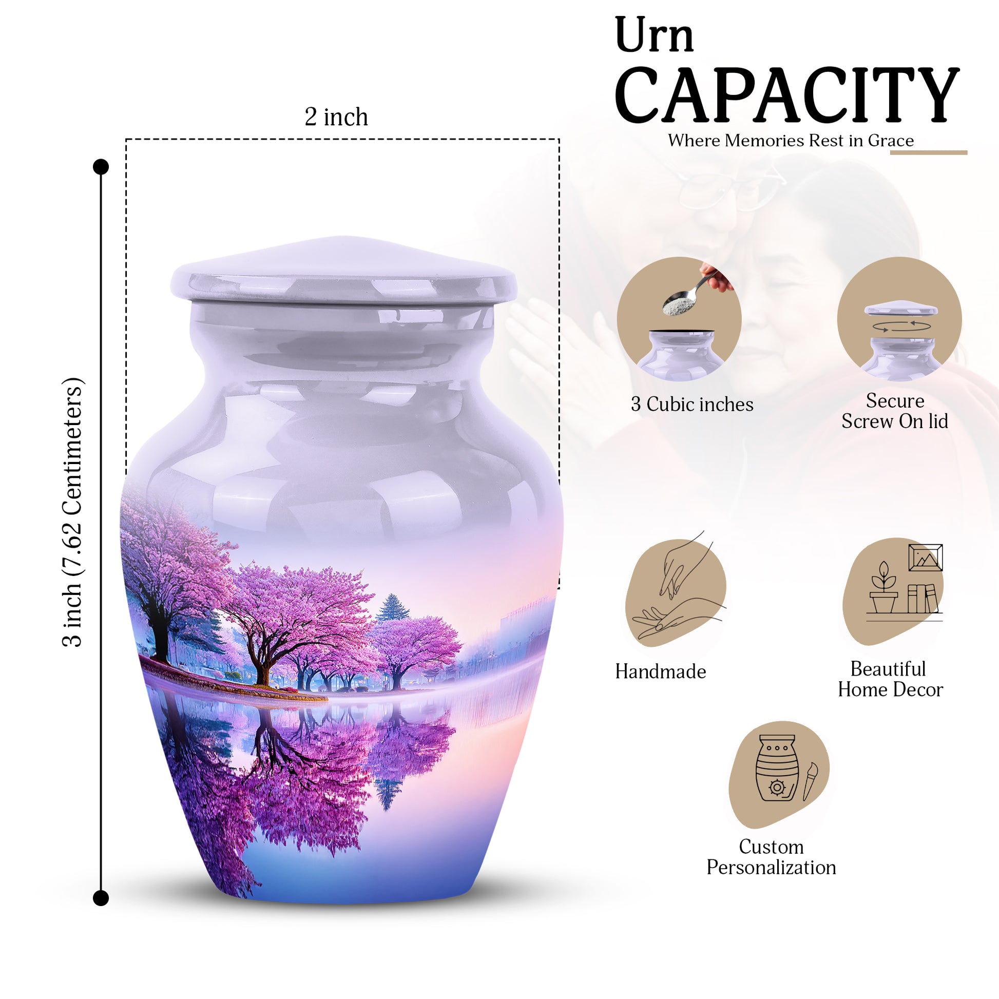 Alabaster White Cherry Blossom Cremation Urn close-up of engraving and surface detail - timeless cherry blossom motif etched into premium metal - mini keepsake memorial for portion of cremation ashes