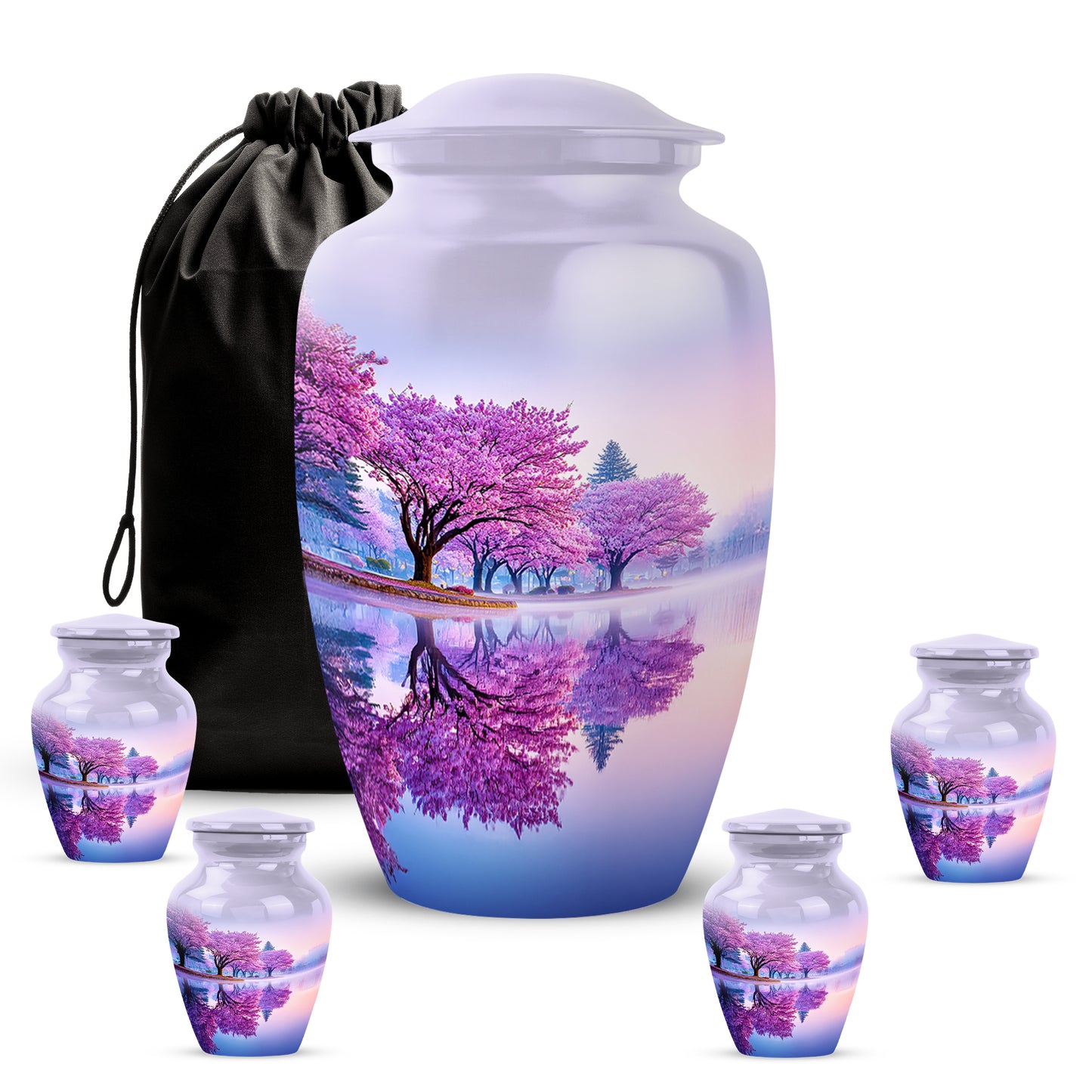 Silk White Cherry Blossom Cremation Urn top-down view of secure threaded lid - traditional cherry blossom engraving with hand-polished finish - memorial set with one large and four small urns