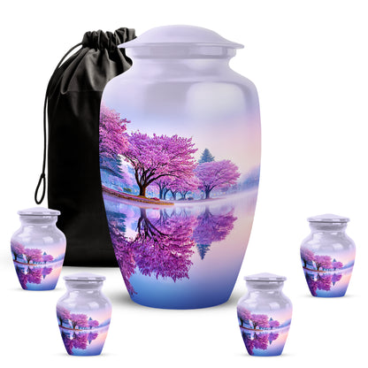Silk White Cherry Blossom Cremation Urn top-down view of secure threaded lid - traditional cherry blossom engraving with hand-polished finish - memorial set with one large and four small urns