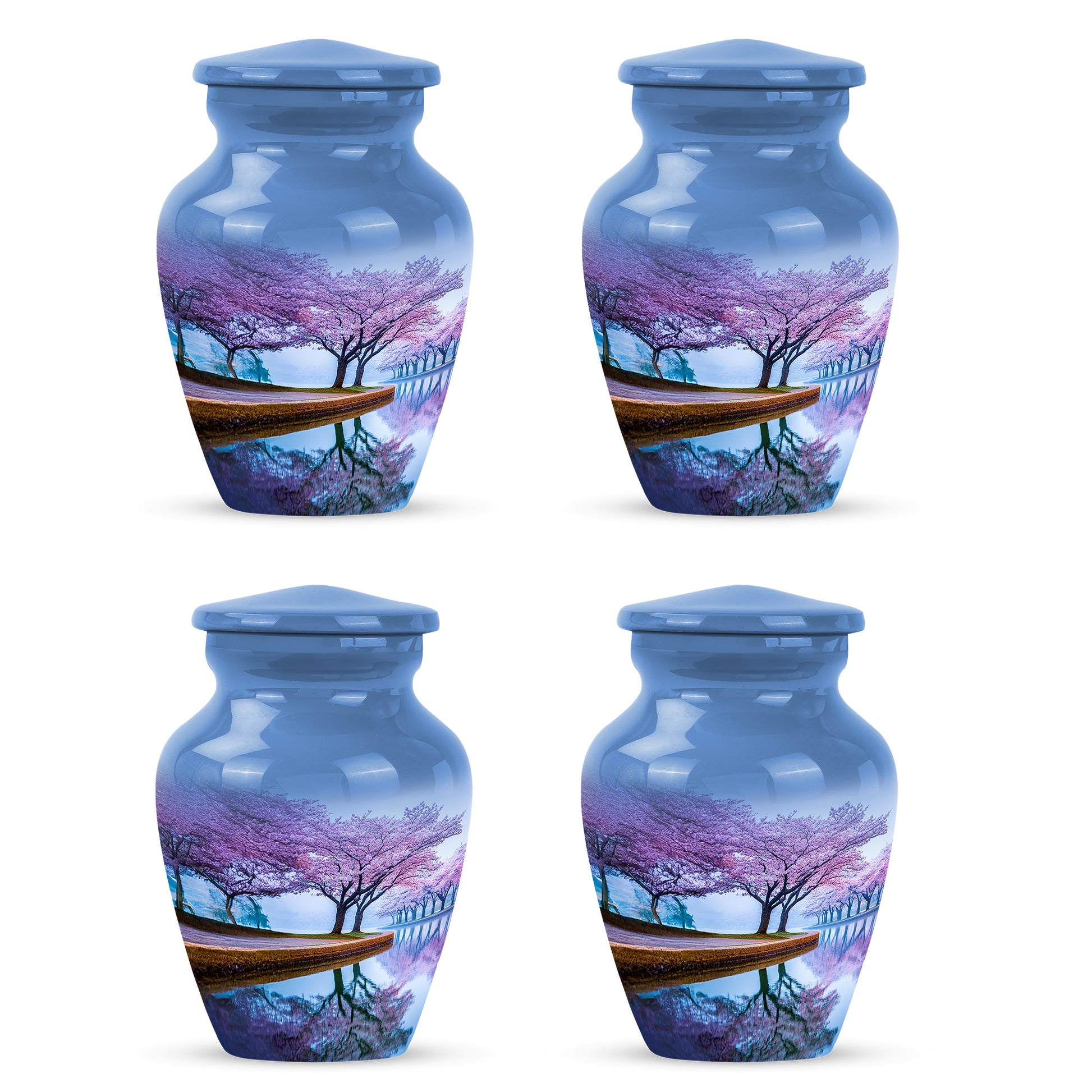 Pastel Blue Cherry Blossom Cremation Urn side profile showing urn shape - classic sculpted cherry blossom pattern on smooth aluminum - 10 inch aluminum urn for cremated remains