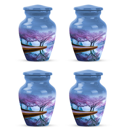 Pastel Blue Cherry Blossom Cremation Urn side profile showing urn shape - classic sculpted cherry blossom pattern on smooth aluminum - 10 inch aluminum urn for cremated remains