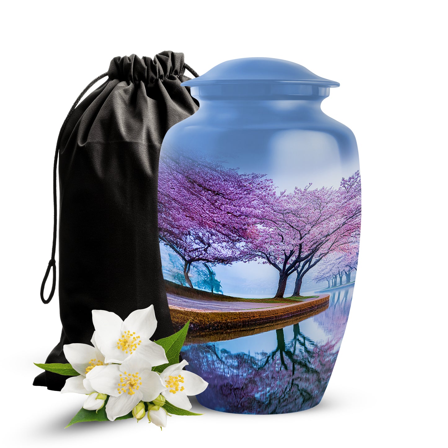 Cornflower Blue Cherry Blossom Cremation Urn angled view of lid and engraved motif - traditional cherry blossom engraving with hand-polished finish - full-size 10 inch 200 cubic inch adult cremation urn