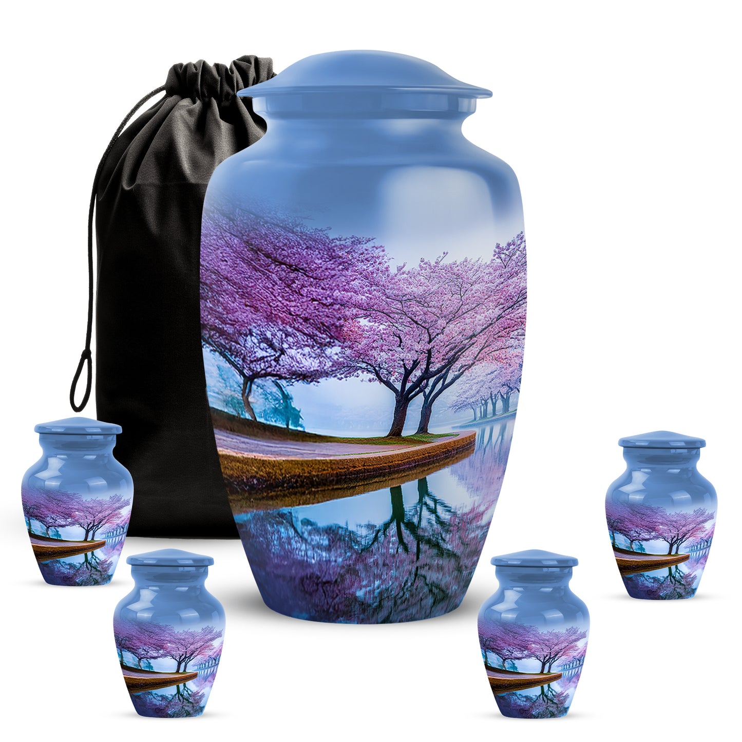 Royal Blue Cherry Blossom Cremation Urn top-down view of secure threaded lid - elegant classic cherry blossom relief with fine detailing - memorial set with one large and four small urns
