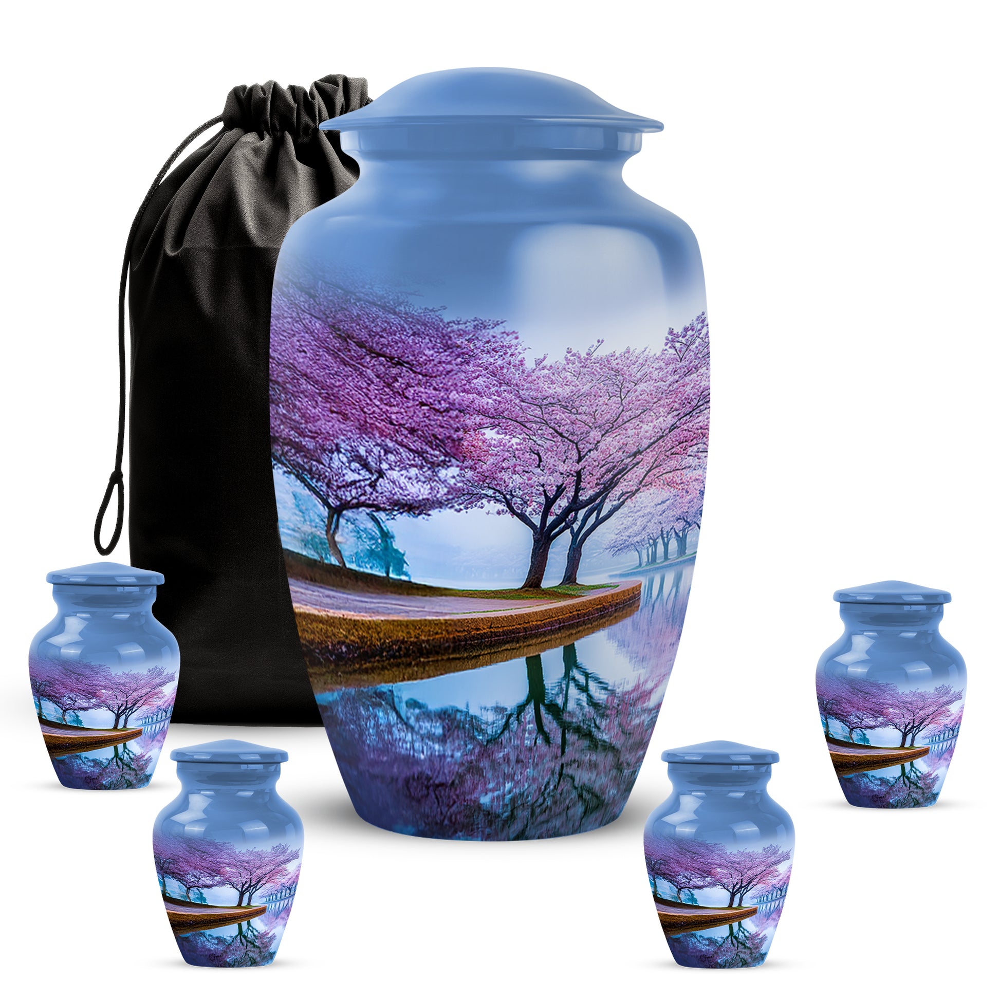 Royal Blue Cherry Blossom Cremation Urn top-down view of secure threaded lid - elegant classic cherry blossom relief with fine detailing - memorial set with one large and four small urns