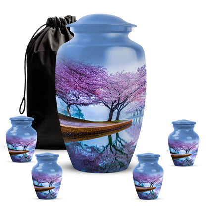 Royal Blue Cherry Blossom Cremation Urn top-down view of secure threaded lid - elegant classic cherry blossom relief with fine detailing - memorial set with one large and four small urns