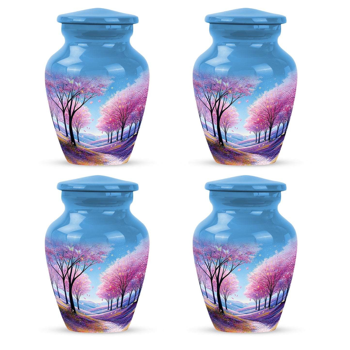 Steel Blue Cherry Blossom Cremation Urn side profile showing urn shape - traditional cherry blossom engraving with hand-polished finish - 10 inch aluminum urn for cremated remains