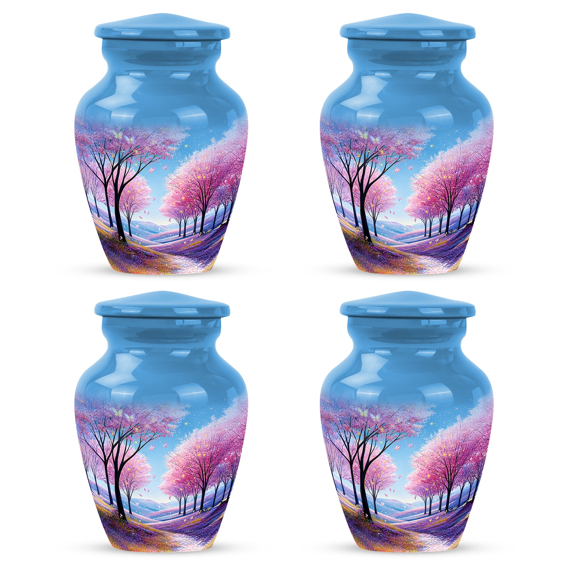 Steel Blue Cherry Blossom Cremation Urn side profile showing urn shape - traditional cherry blossom engraving with hand-polished finish - 10 inch aluminum urn for cremated remains