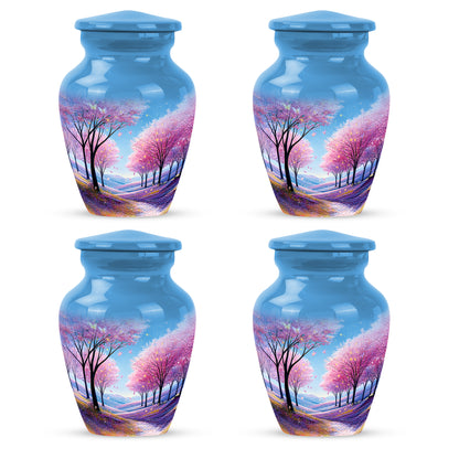 Steel Blue Cherry Blossom Cremation Urn side profile showing urn shape - traditional cherry blossom engraving with hand-polished finish - 10 inch aluminum urn for cremated remains