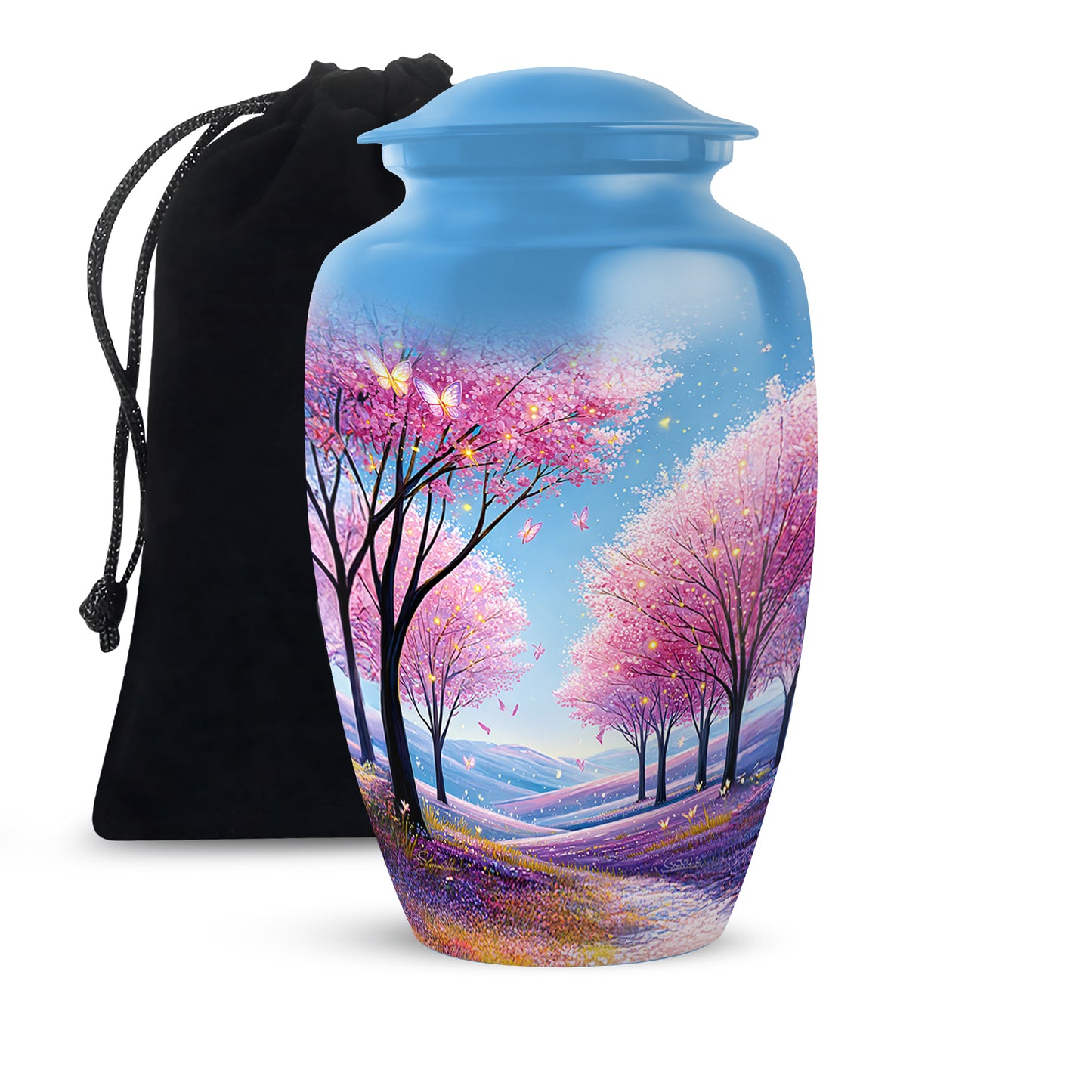 Cobalt Blue Cherry Blossom Cremation Urn angled view of lid and engraved motif - elegant classic cherry blossom relief with fine detailing - full-size 10 inch 200 cubic inch adult cremation urn