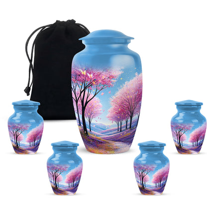 Cornflower Blue Cherry Blossom Cremation Urn top-down view of secure threaded lid - elegant classic cherry blossom relief with fine detailing - memorial set with one large and four small urns
