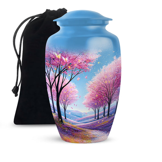 Cobalt Blue Cherry Blossom Cremation Urn angled view of lid and engraved motif - elegant classic cherry blossom relief with fine detailing - full-size 10 inch 200 cubic inch adult cremation urn