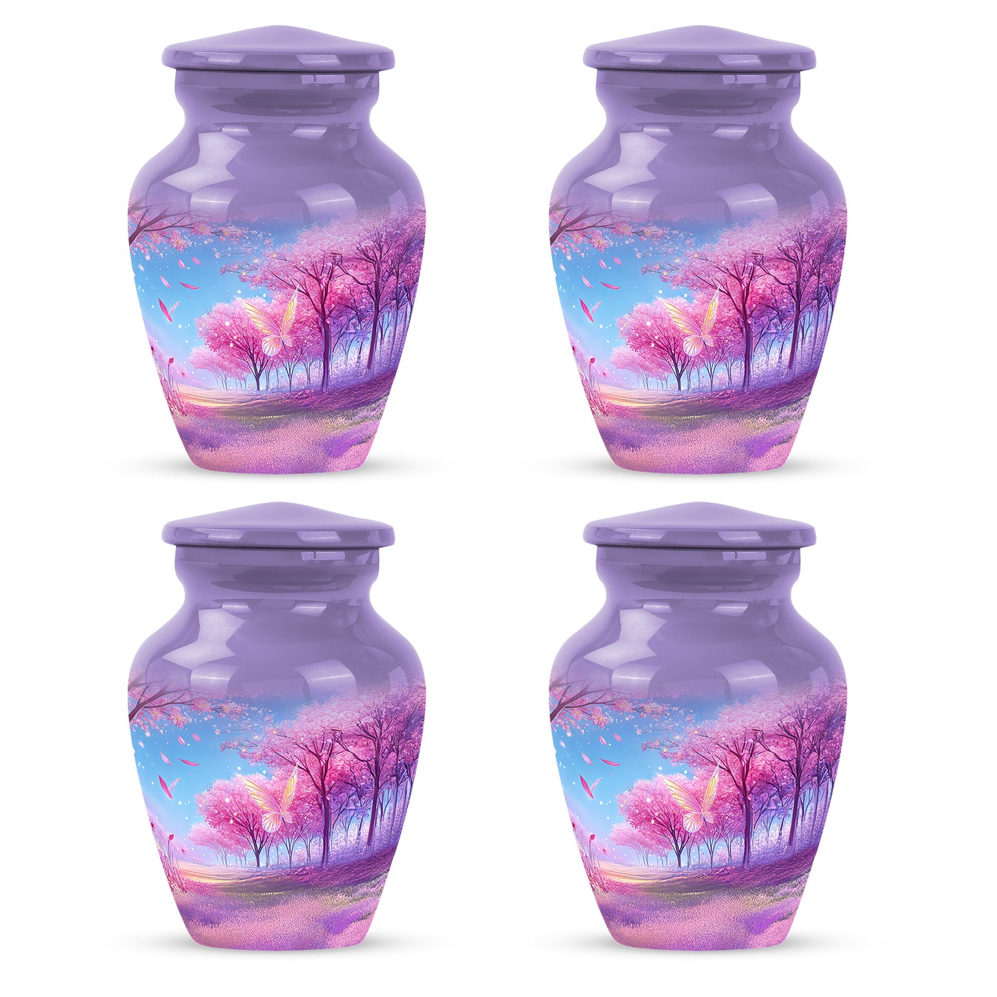 Plum Purple Cherry Blossom Cremation Urn side profile showing urn shape - classic sculpted cherry blossom pattern on smooth aluminum - 10 inch aluminum urn for cremated remains