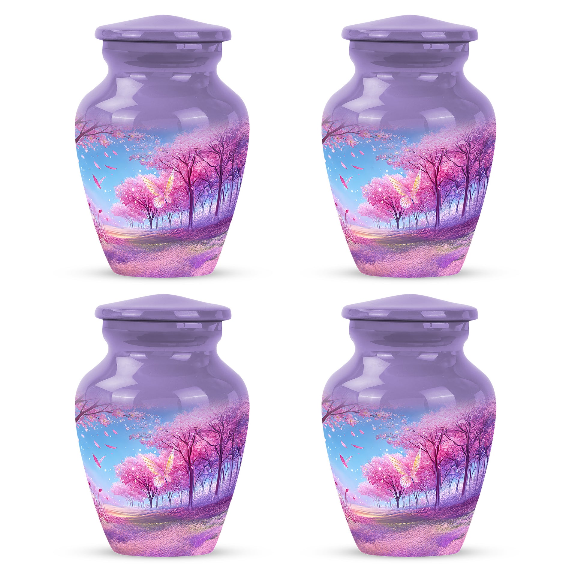 Plum Purple Cherry Blossom Cremation Urn side profile showing urn shape - classic sculpted cherry blossom pattern on smooth aluminum - 10 inch aluminum urn for cremated remains