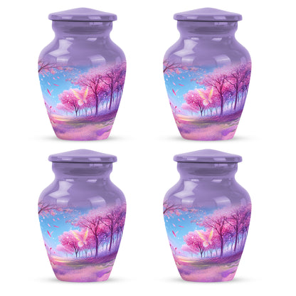 Plum Purple Cherry Blossom Cremation Urn side profile showing urn shape - classic sculpted cherry blossom pattern on smooth aluminum - 10 inch aluminum urn for cremated remains