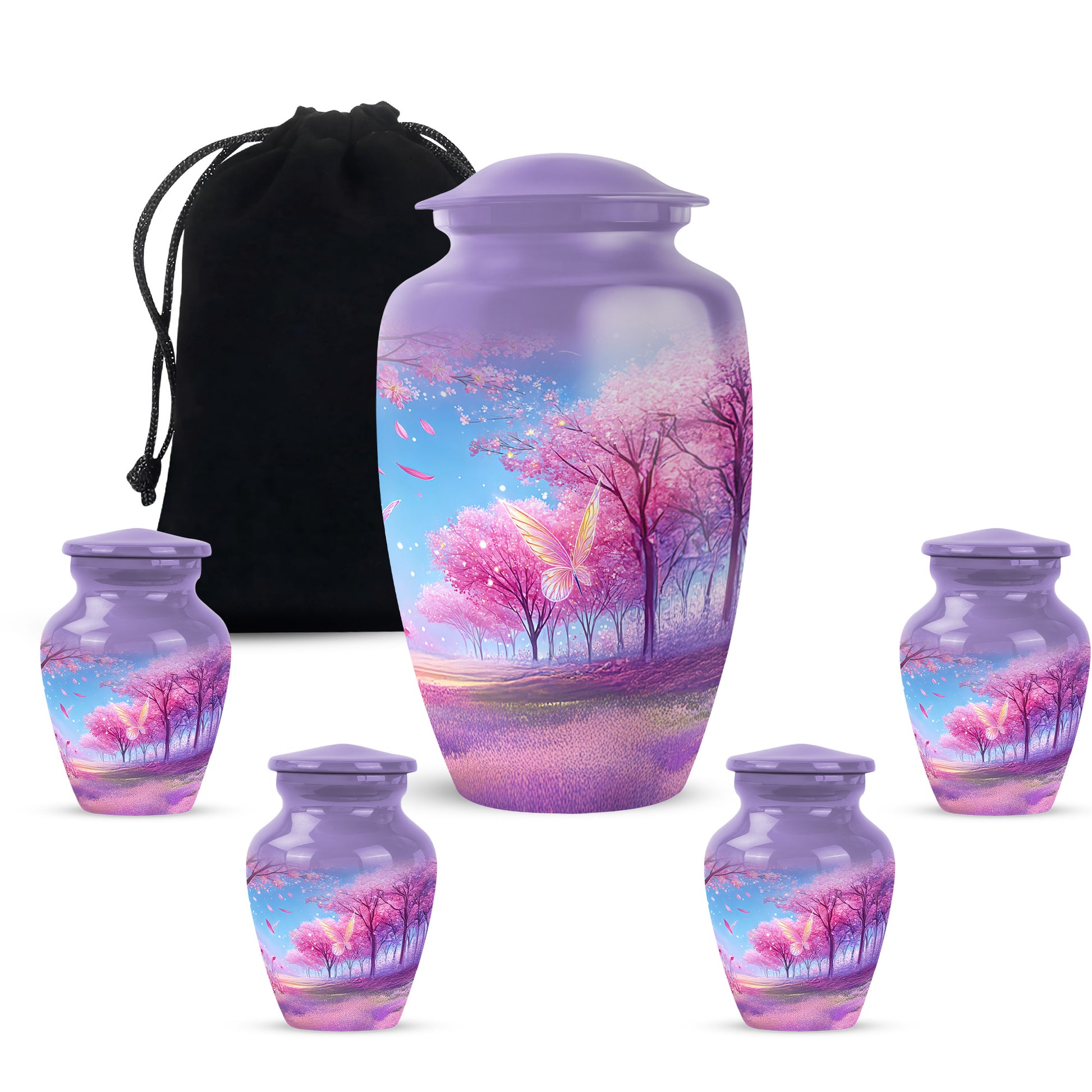 Plum Purple Cherry Blossom Cremation Urn top-down view of secure threaded lid - classic sculpted cherry blossom pattern on smooth aluminum - memorial set with one large and four small urns