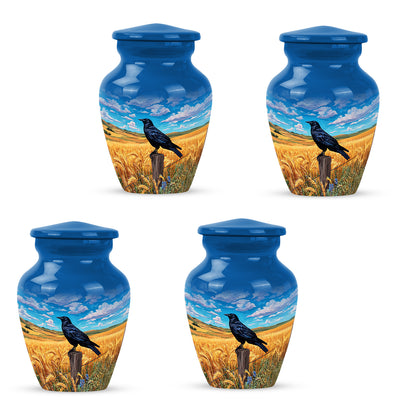 Misty Blue Crow Cremation Urn side profile showing urn shape - timeless crow motif etched into premium metal - 10 inch aluminum urn for cremated remains