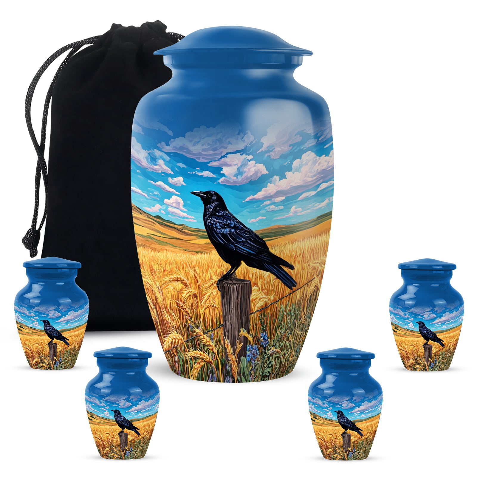 Bright Blue Crow Cremation Urn top-down view of secure threaded lid - elegant classic crow relief with fine detailing - memorial set with one large and four small urns