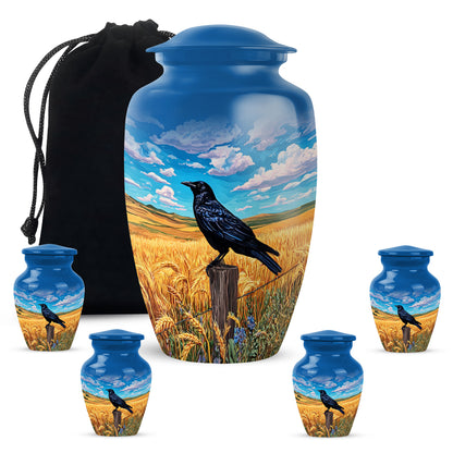 Bright Blue Crow Cremation Urn top-down view of secure threaded lid - elegant classic crow relief with fine detailing - memorial set with one large and four small urns