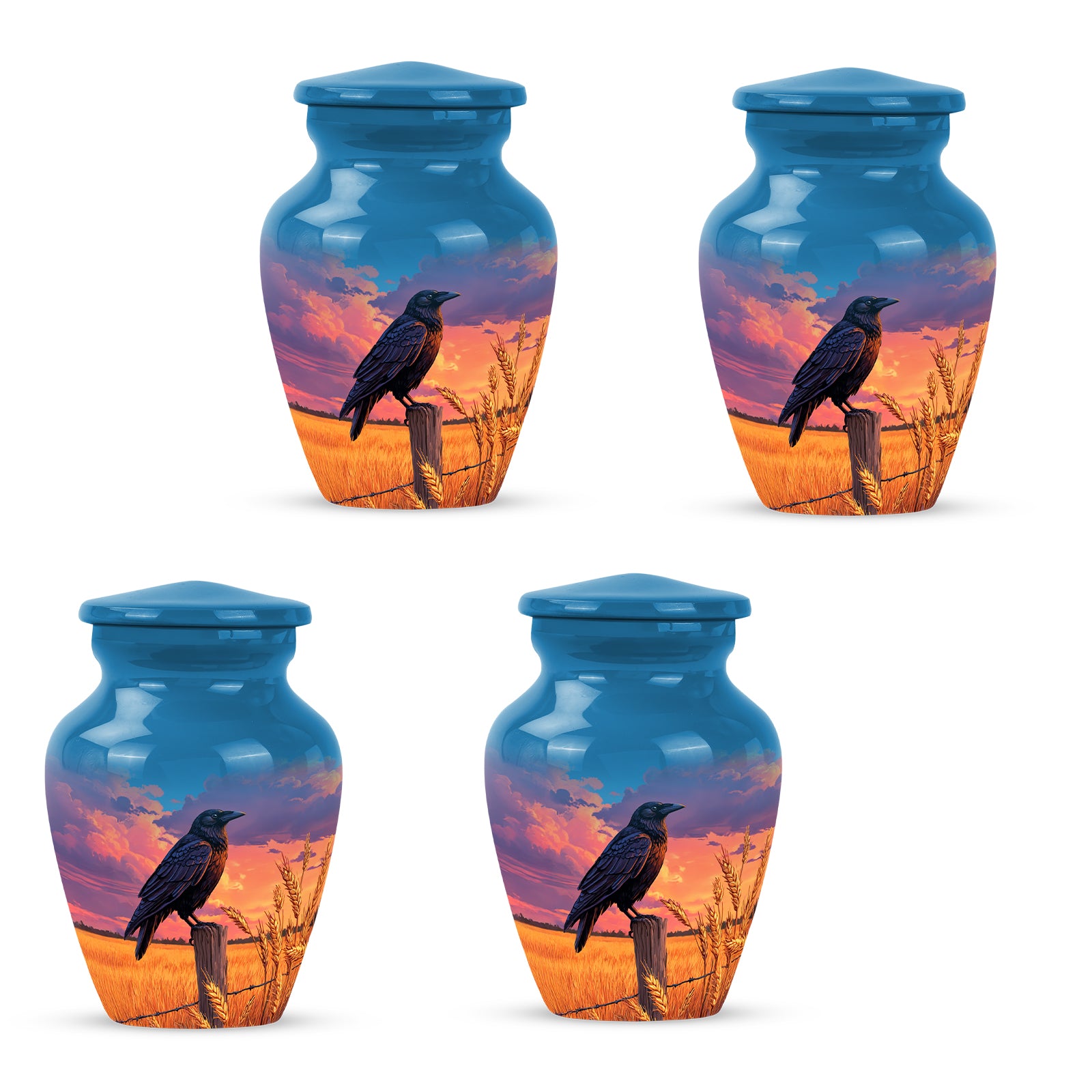 Pastel Blue Crow Cremation Urn side profile showing urn shape - classic sculpted crow pattern on smooth aluminum - 10 inch aluminum urn for cremated remains