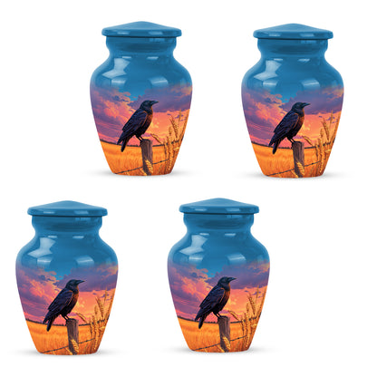 Pastel Blue Crow Cremation Urn side profile showing urn shape - classic sculpted crow pattern on smooth aluminum - 10 inch aluminum urn for cremated remains