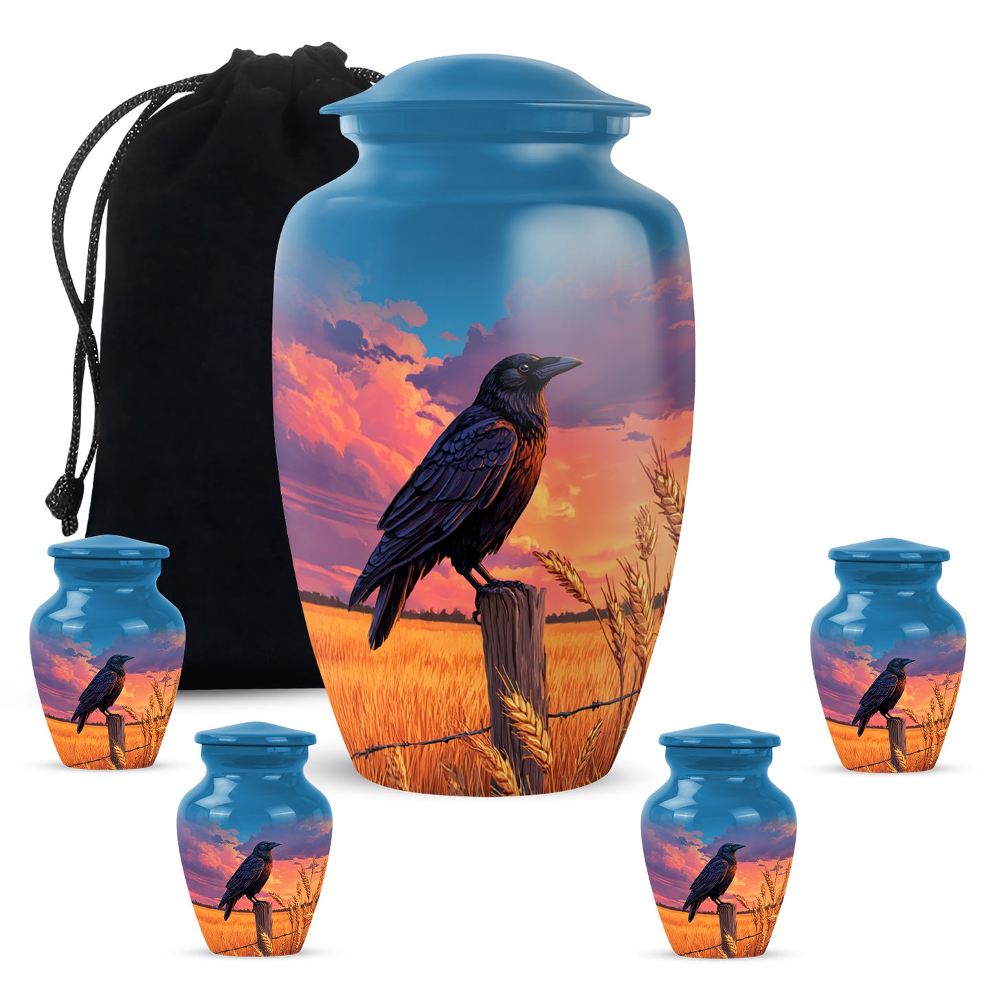 Calming Blue Crow Cremation Urn top-down view of secure threaded lid - traditional crow engraving with hand-polished finish - memorial set with one large and four small urns