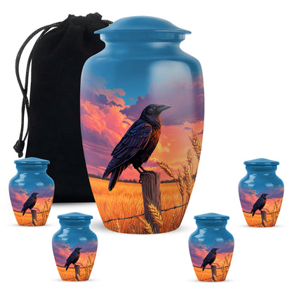 Calming Blue Crow Cremation Urn top-down view of secure threaded lid - traditional crow engraving with hand-polished finish - memorial set with one large and four small urns