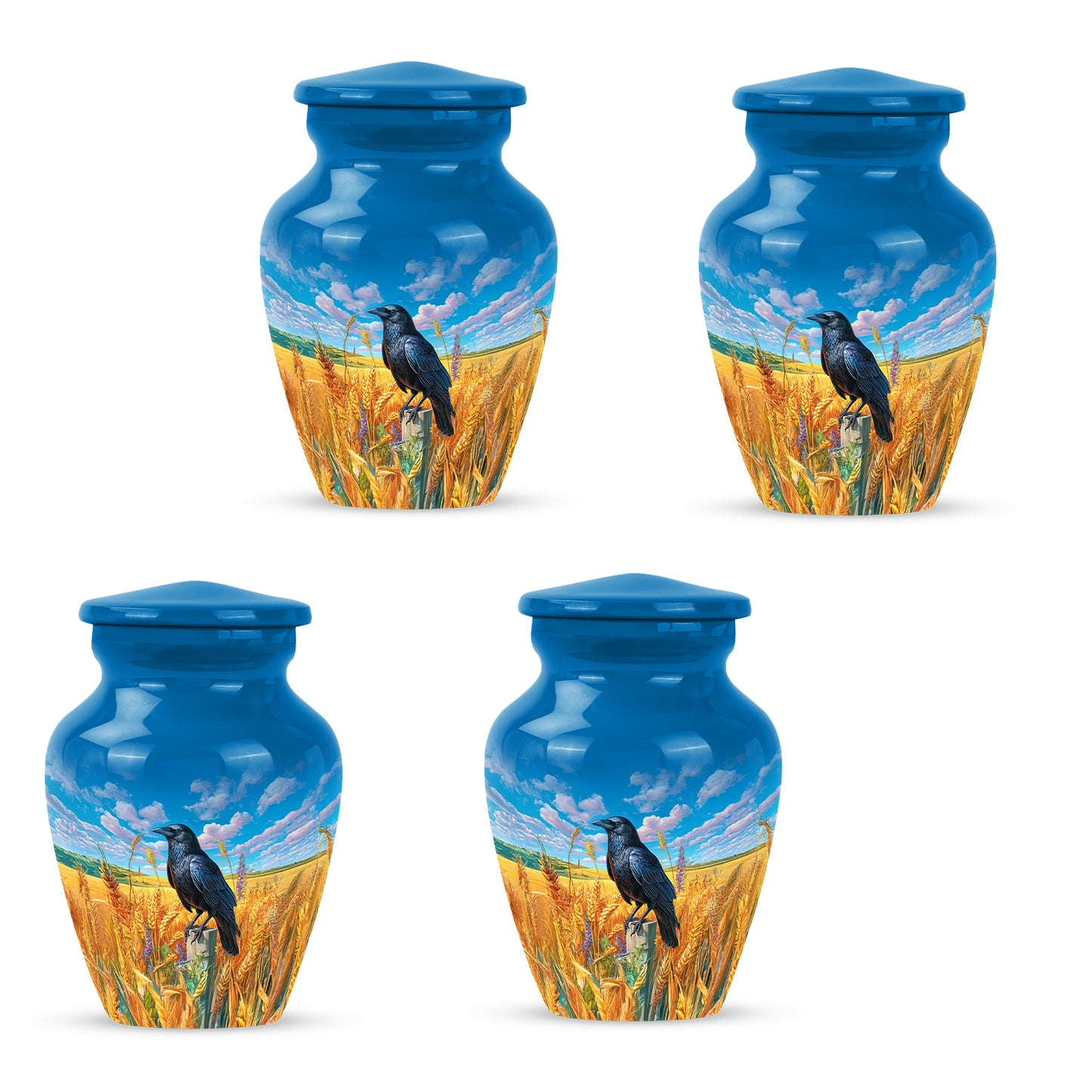 Sapphire Blue Crow Cremation Urn side profile showing urn shape - traditional crow engraving with hand-polished finish - 10 inch aluminum urn for cremated remains