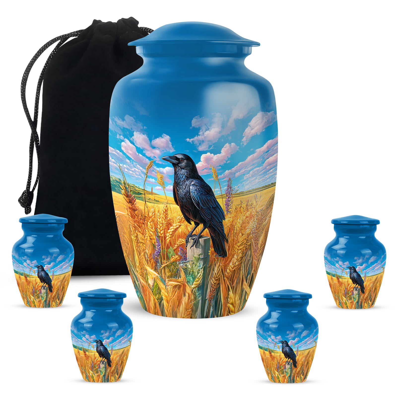 Dusty Blue Crow Cremation Urn top-down view of secure threaded lid - classic sculpted crow pattern on smooth aluminum - memorial set with one large and four small urns