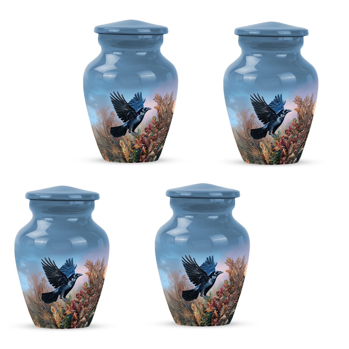 Cobalt Blue Crow Cremation Urn side profile showing urn shape - elegant classic crow relief with fine detailing - 10 inch aluminum urn for cremated remains