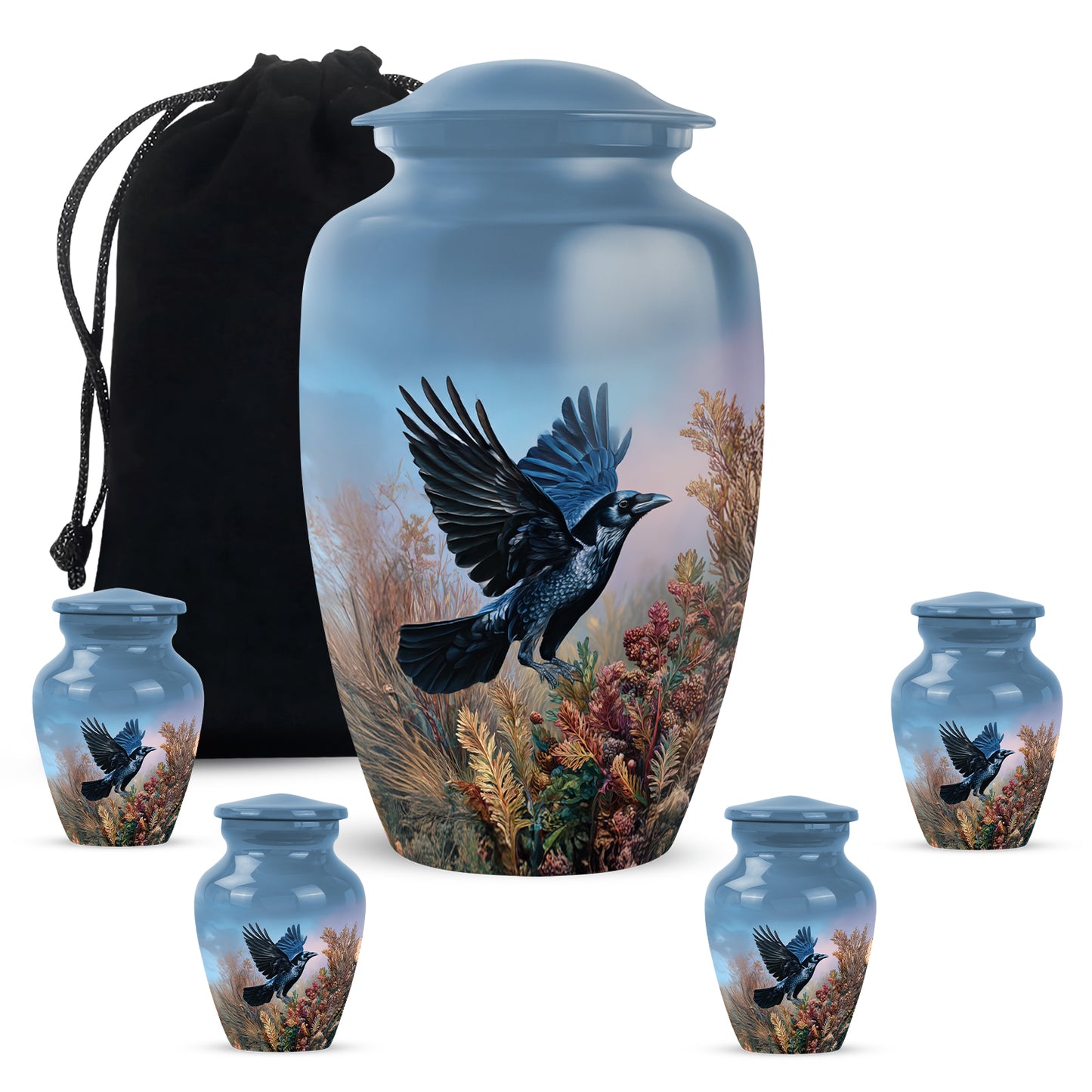 Misty Blue Crow Cremation Urn top-down view of secure threaded lid - timeless crow motif etched into premium metal - memorial set with one large and four small urns