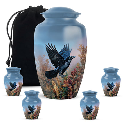 Misty Blue Crow Cremation Urn top-down view of secure threaded lid - timeless crow motif etched into premium metal - memorial set with one large and four small urns