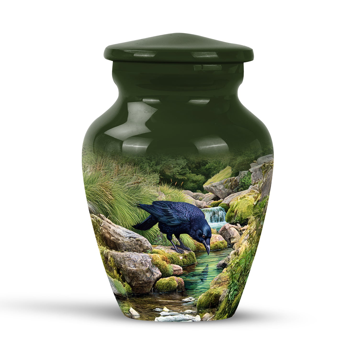 Illustrious Crow Memorial Cremation Urns - Green 10-inch, 200 cu in - Yatskia