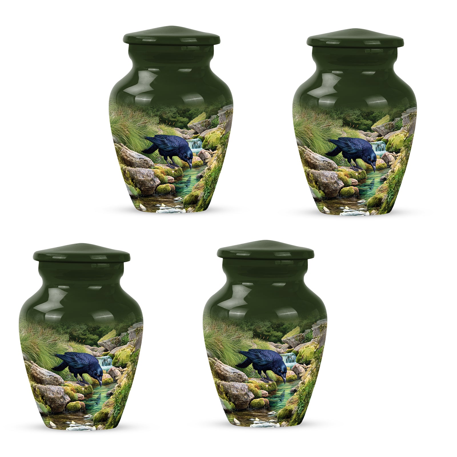 Sage Green Crow Cremation Urn side profile showing urn shape - classic sculpted crow pattern on smooth aluminum - 10 inch aluminum urn for cremated remains