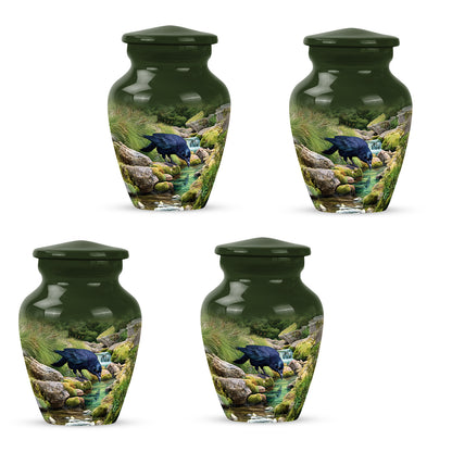 Sage Green Crow Cremation Urn side profile showing urn shape - classic sculpted crow pattern on smooth aluminum - 10 inch aluminum urn for cremated remains