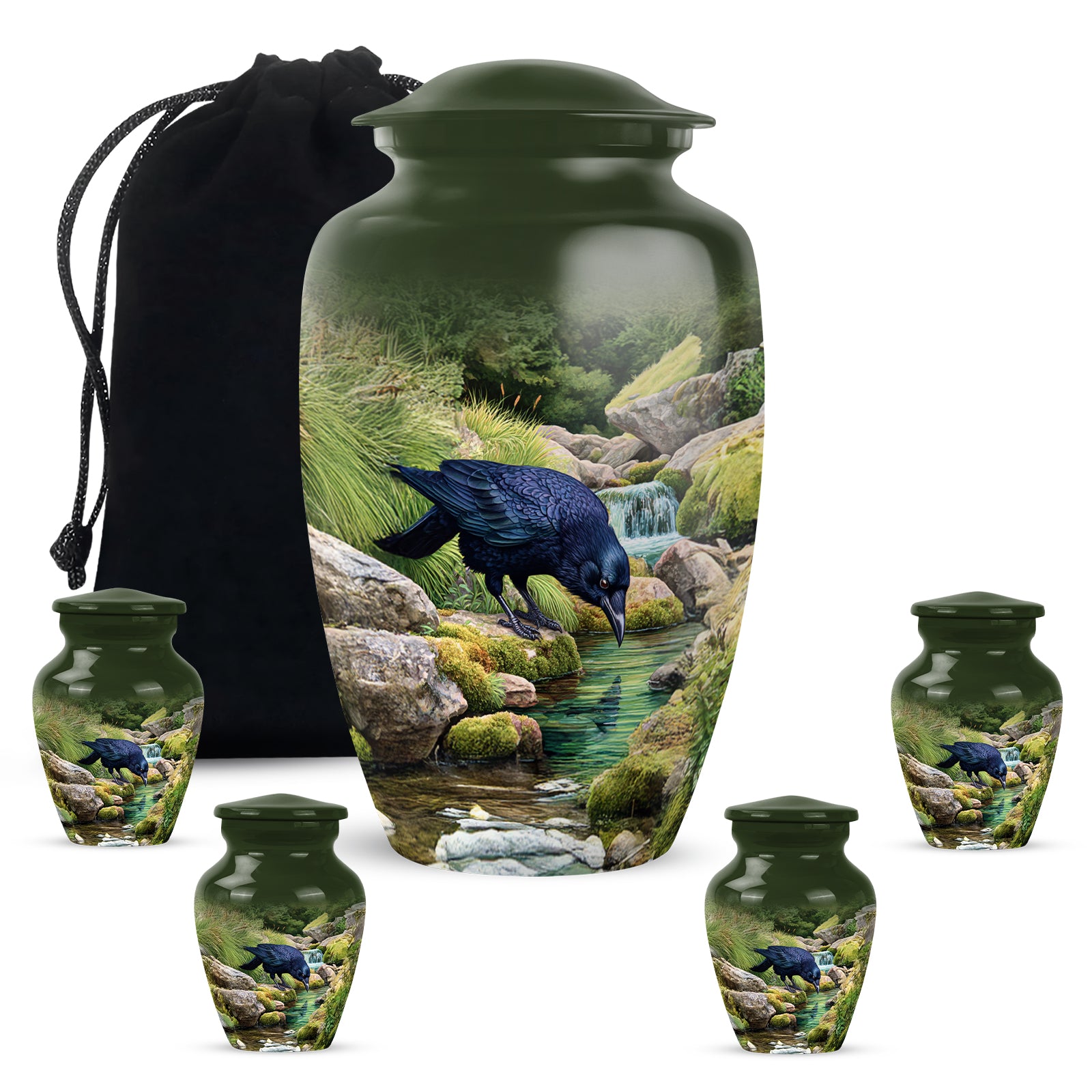 Hunter Green Crow Cremation Urn top-down view of secure threaded lid - elegant classic crow relief with fine detailing - memorial set with one large and four small urns