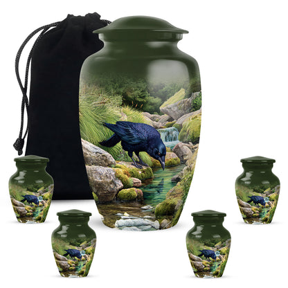 Hunter Green Crow Cremation Urn top-down view of secure threaded lid - elegant classic crow relief with fine detailing - memorial set with one large and four small urns