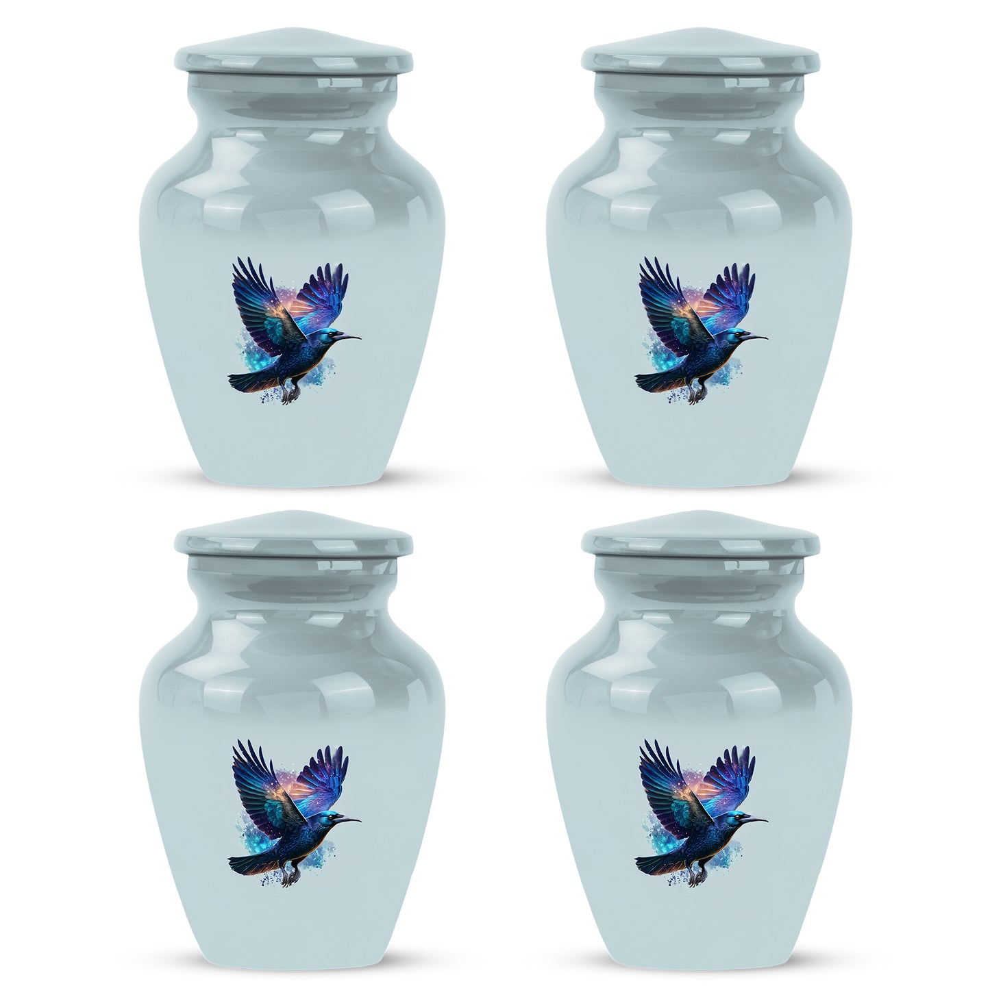Chrome Silver Crow Cremation Urn side profile showing urn shape - traditional crow engraving with hand-polished finish - 10 inch aluminum urn for cremated remains