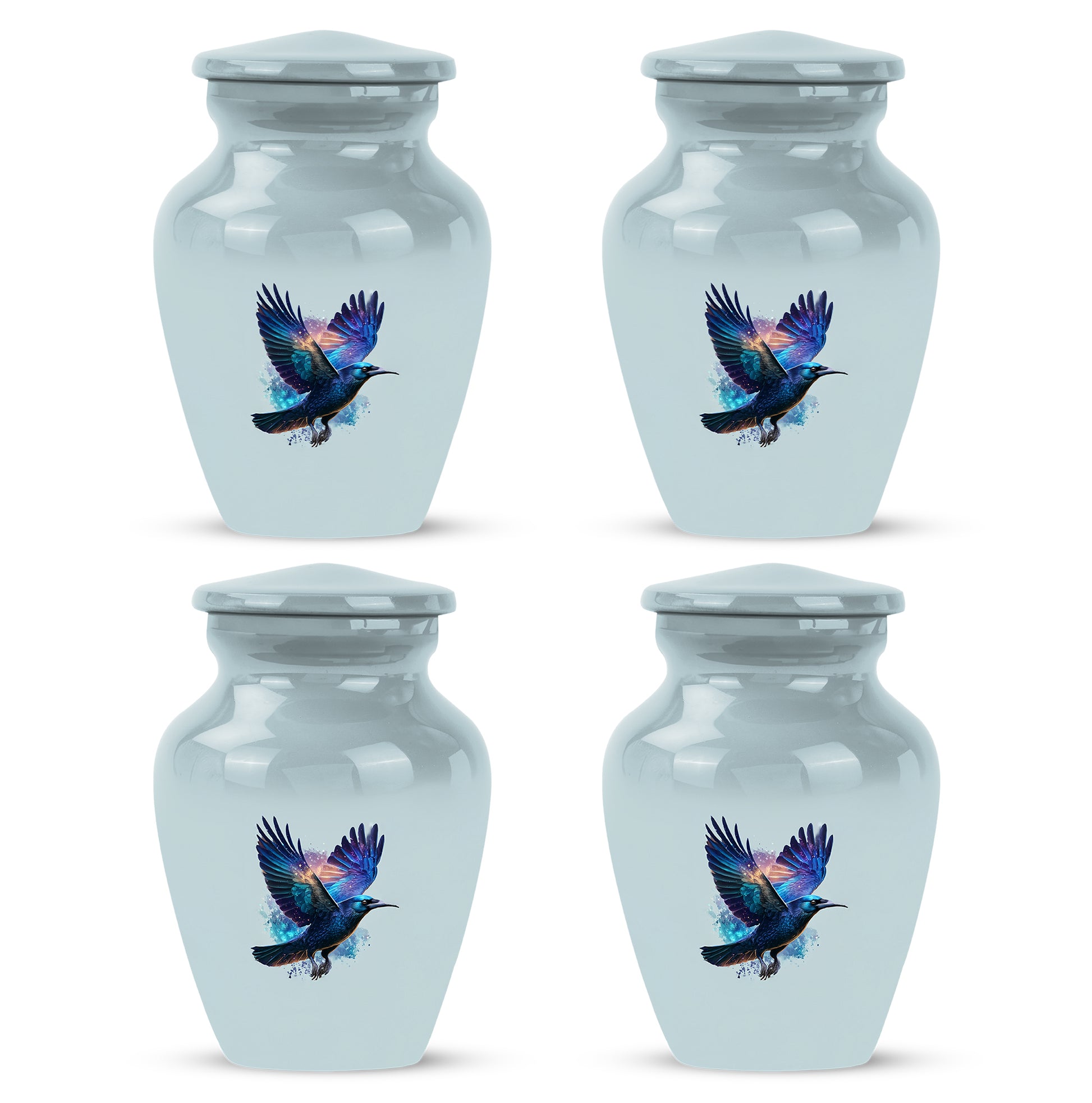 Chrome Silver Crow Cremation Urn side profile showing urn shape - traditional crow engraving with hand-polished finish - 10 inch aluminum urn for cremated remains
