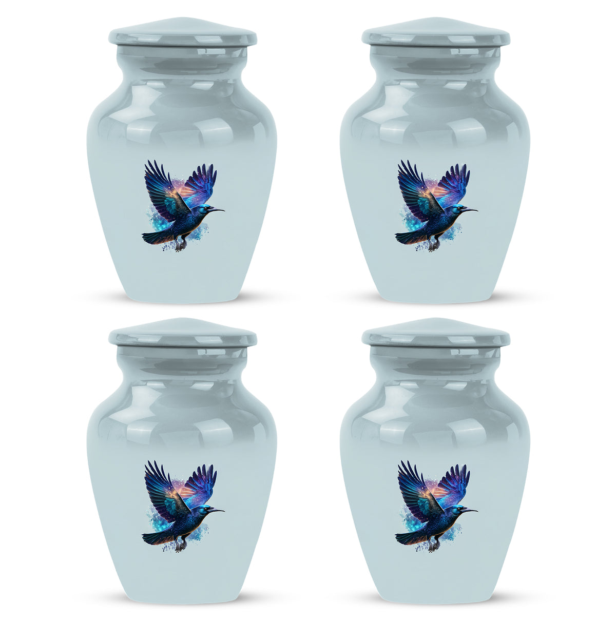 Chrome Silver Crow Cremation Urn side profile showing urn shape - traditional crow engraving with hand-polished finish - 10 inch aluminum urn for cremated remains